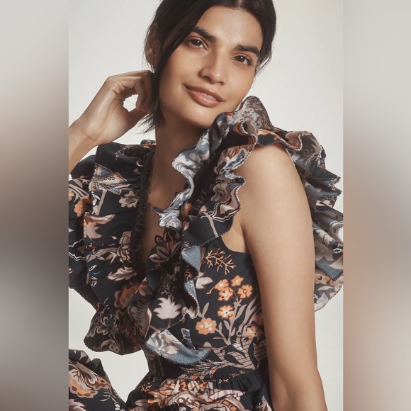 Anthropologie Navy Floral Ruffle Dress NWT - Picture 3 of 6